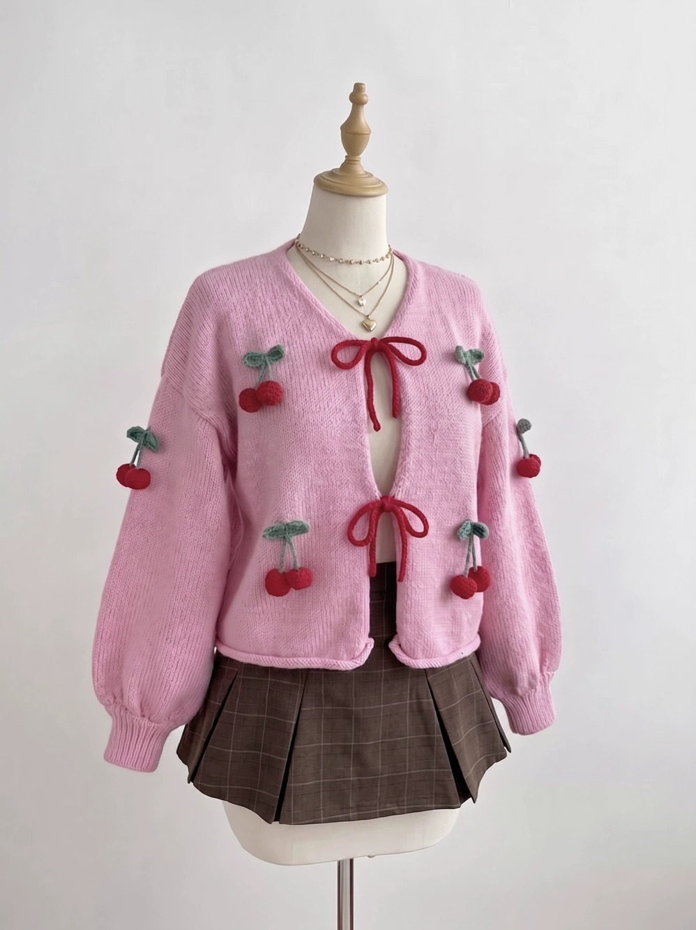 ZARA Women 3D Cherry Knit Cardigan Loose Bow Tie Sweet